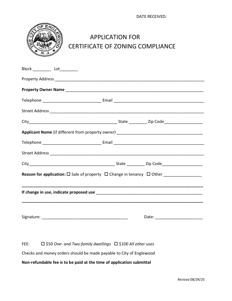 First page of the Application for Certificate of Zoning Compliance