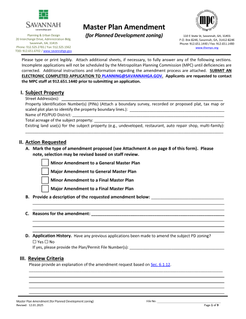 First page of the Master Plan Amendment Application