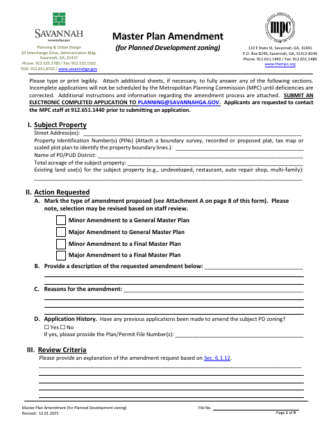 First page of the Master Plan Amendment Application