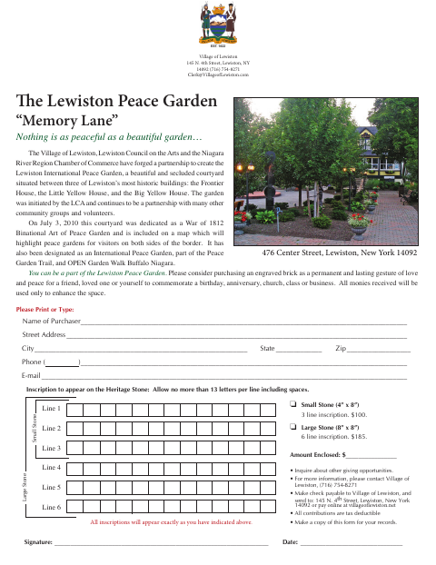 First page of the Lewiston Peace Garden “Memory Lane” Brick Application