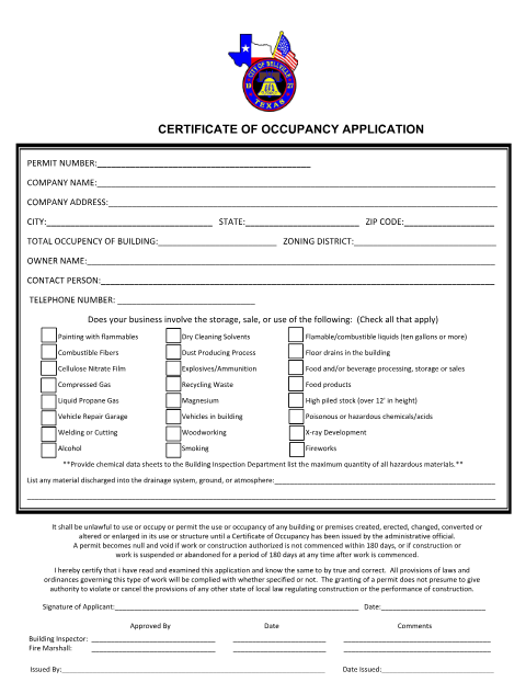 First page of the Certificate of Occupancy Application
