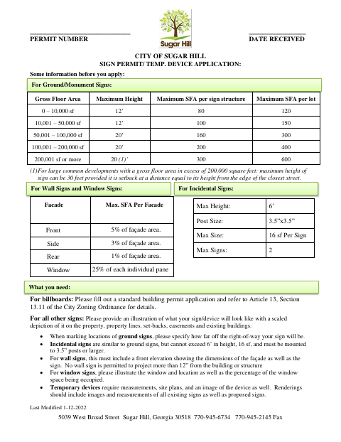 First page of the Sign Permit/Temporary Device Application
