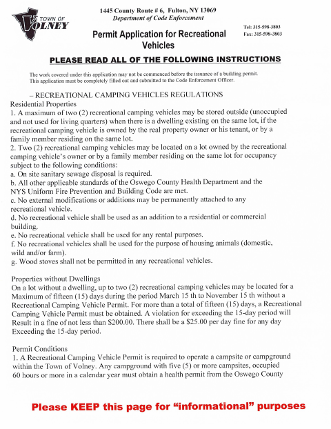 First page of the Recreational Vehicles Permit Application