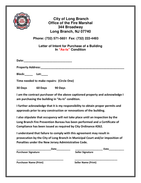 First page of the Letter of Intent for Purchase of a Building in “As-Is” Condition