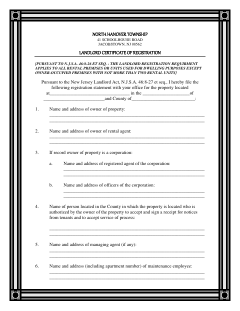 First page of the Landlord Certificate of Registration