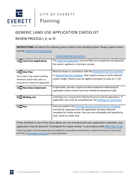 First page of the Generic Land Use Application Checklist