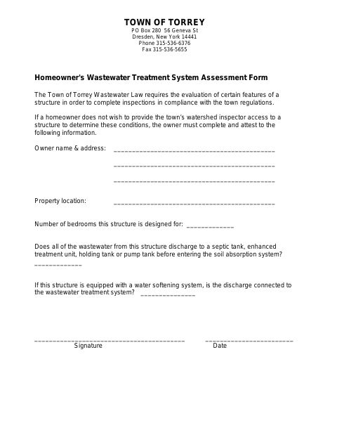 First page of the Homeowner's Wastewater Treatment System Assessment Form