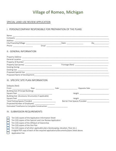 First page of the Special Land Use Review Application