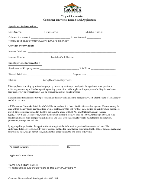 First page of the Consumer Fireworks Retail Stand Application
