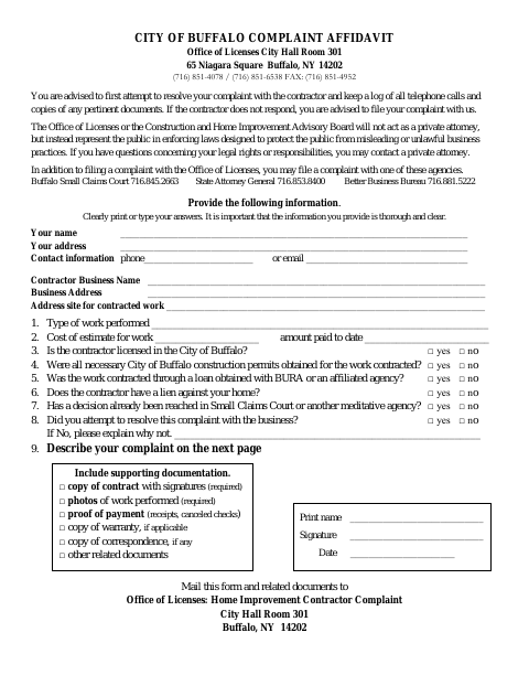 First page of the Contractor Complaint Affidavit