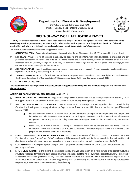 First page of the Right-of-Way Work Application Packet