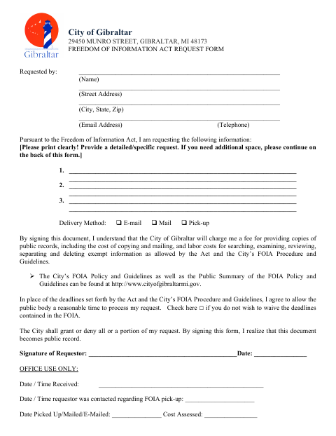 First page of the Freedom of Information Act Request Form