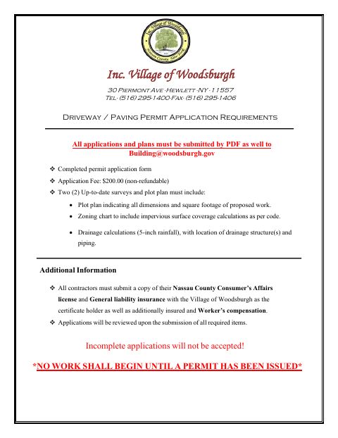 First page of the Driveway Paving Permit Application
