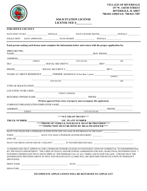 First page of the Solicitation License Application