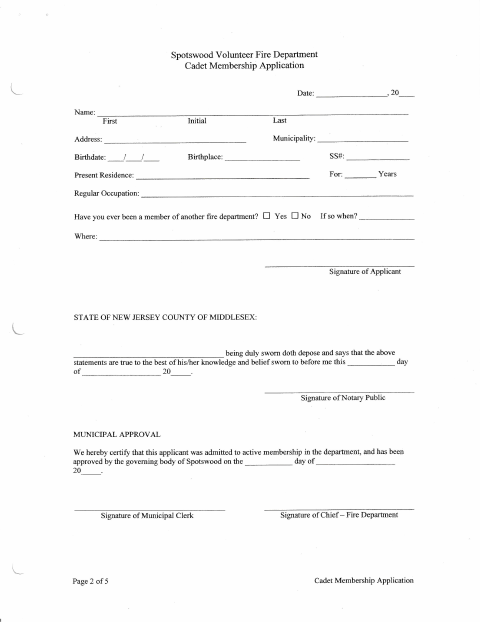 First page of the Volunteer Fire Department Cadet Membership Application