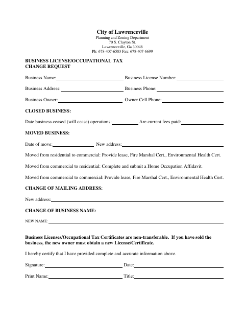 First page of the Business License/Occupational Tax Change Request