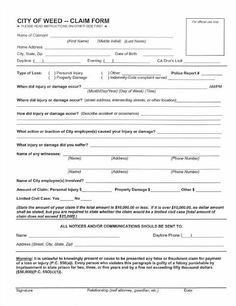 First page of the Claim Form