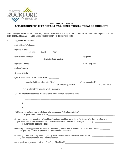 First page of the Individual Application for City Retailer’s License to Sell Tobacco Products