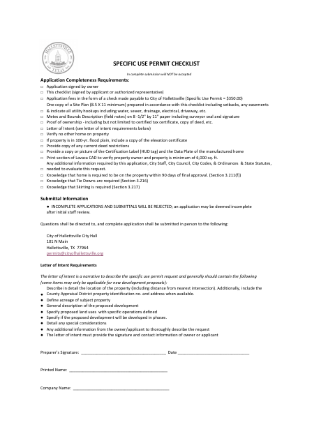 First page of the Specific Use Permit Checklist