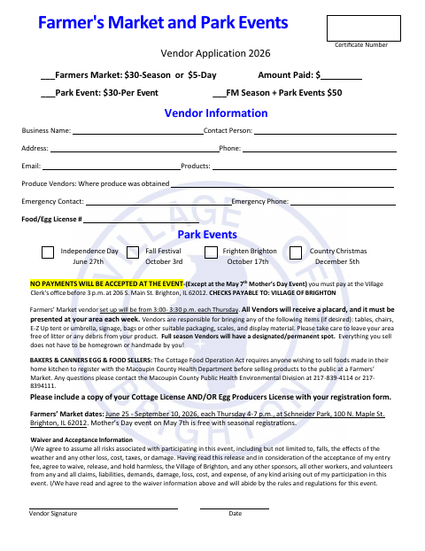 First page of the Farmer's Market and Park Events Vendor Application 2026