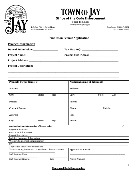 First page of the Demolition Permit Application