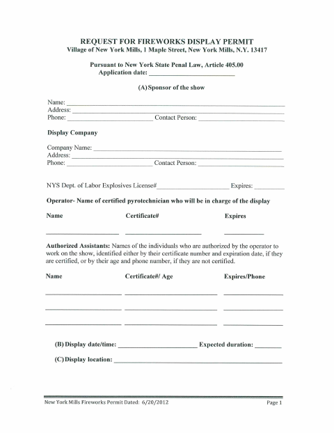 First page of the Fireworks Display Permit Application