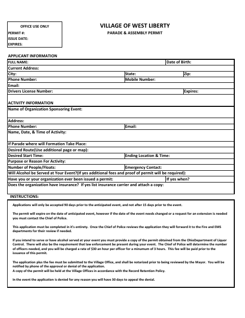 First page of the Parade and Assembly Permit