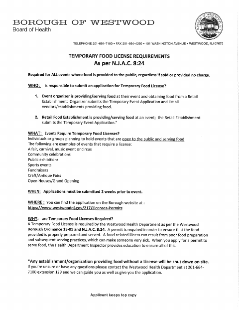 First page of the Temporary Retail Food Application