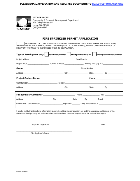 First page of the Fire Sprinkler Permit Application