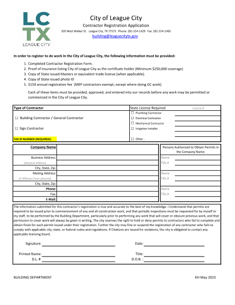 First page of the Contractor Registration Application