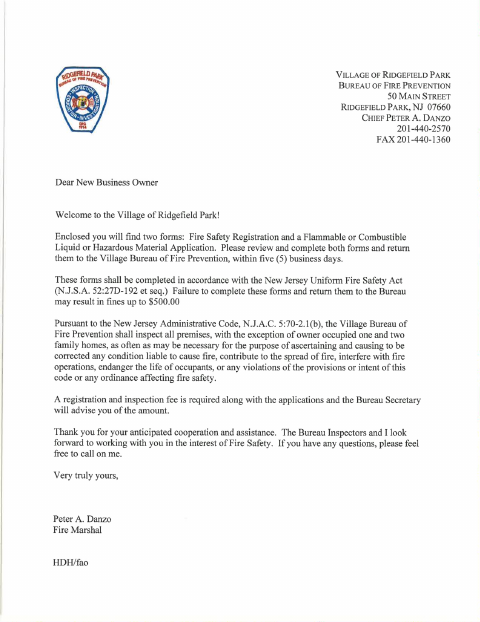 First page of the New Business Fire Registration Forms