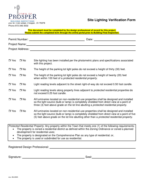 First page of the Site Lighting Verification Form