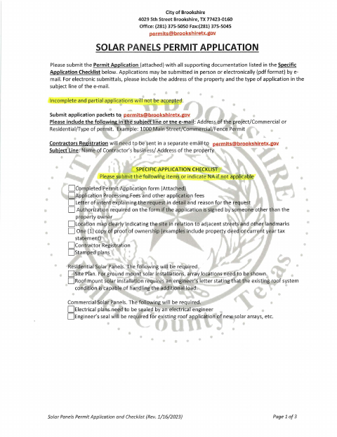 First page of the Solar Panel Permit Application