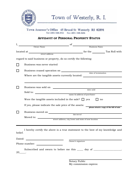First page of the Personal Property Status Affidavit