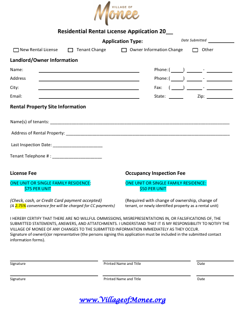 First page of the Residential Rental License Application