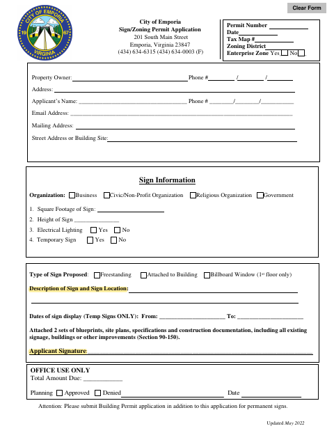 First page of the Sign/Zoning Permit Application