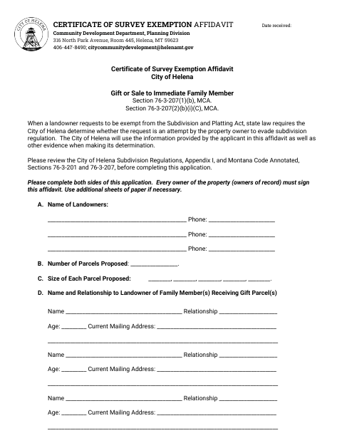 First page of the Family Transfer Survey Exemption Affidavit