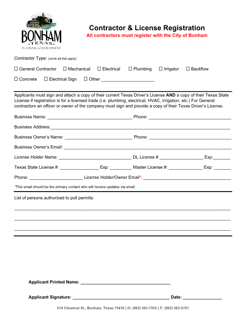 First page of the Contractor & License Registration