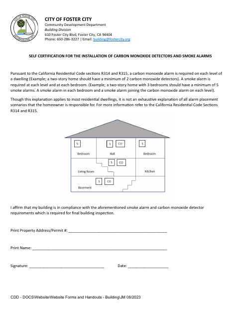 First page of the Self Certification for the Installation of Carbon Monoxide Detectors and Smoke Alarms