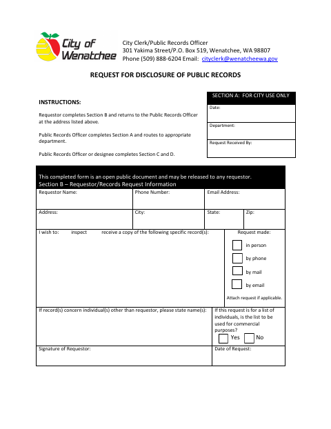 First page of the Request for Disclosure of Public Records