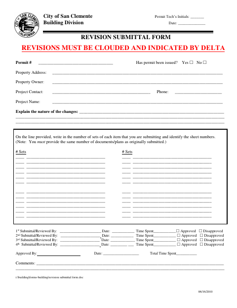 First page of the Revision Submittal Form