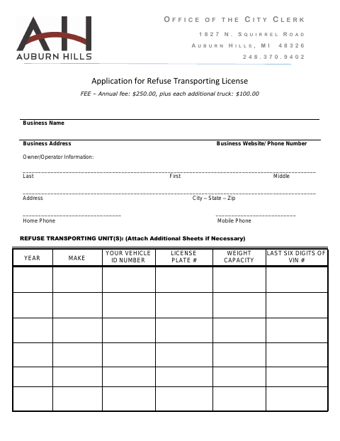 First page of the Application for Refuse Transporting License