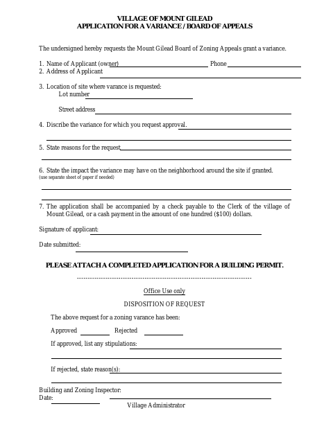 First page of the Variance and Board of Appeals Application