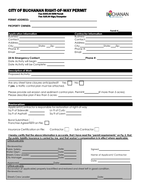 First page of the Right-of-Way Permit