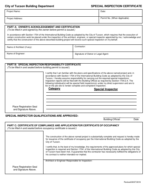 First page of the Special Inspection Certificate