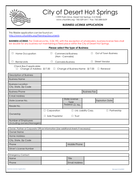 First page of the Business License Application