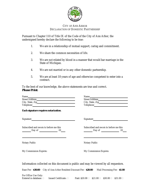 First page of the Declaration of Domestic Partnership