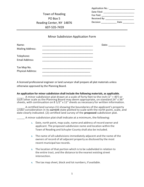 First page of the Minor Subdivision Application
