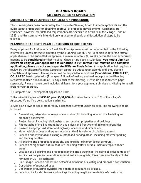 First page of the Planning Board Site Development Application