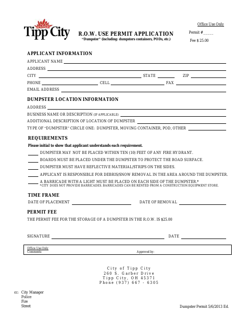 First page of the Dumpster Permit Application